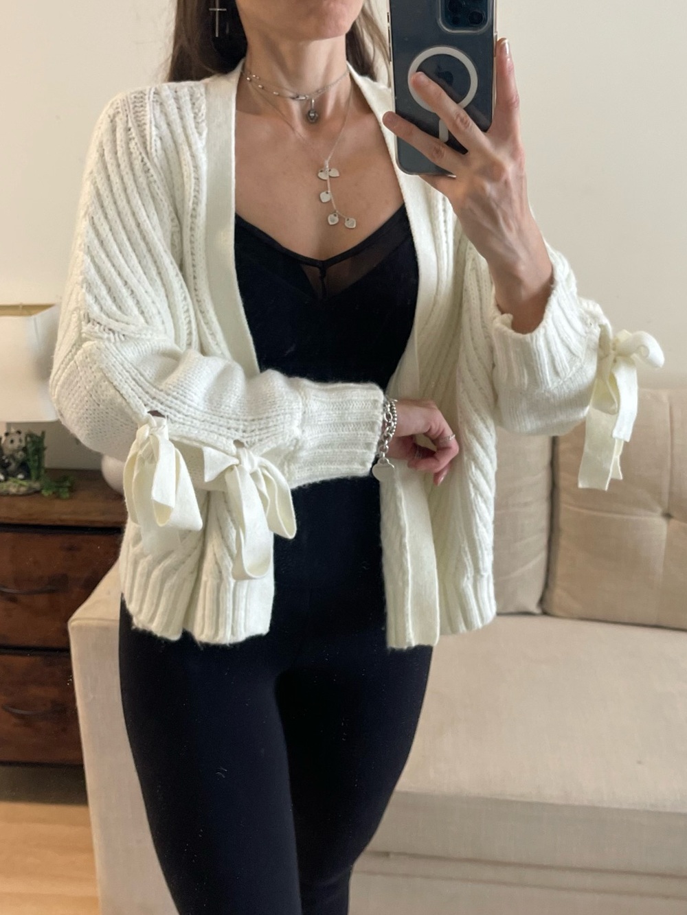 Maeve by Anthropologie Cream Ribbed Knit Sleeve Tie Bow Wrap Cardigan